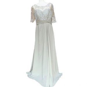 Elegant Lace Overlay Chiffon Evening Long Dress Warm Gray MoB MoG Guest